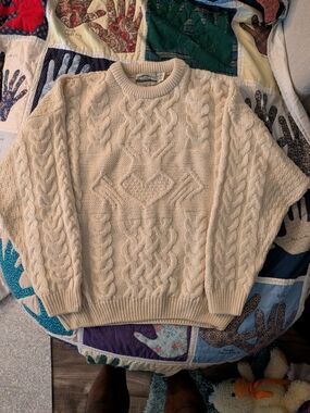 Vintage Aran Crafts Cream Cable-Knit Crewneck Sweater